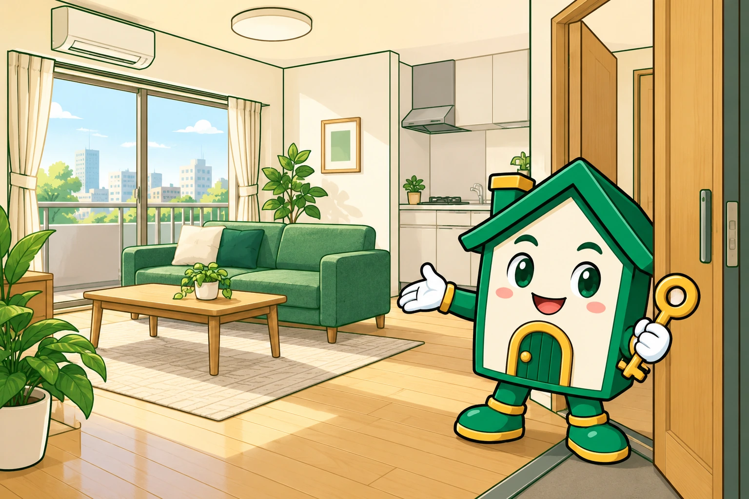 ヘヤナウ君が鍵を持って、明るいお部屋へ迎えるイラスト
